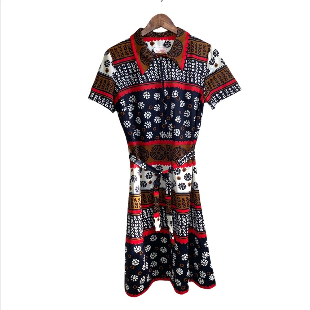 Vintage Travel Talk Mod 60s 70s Navy & Red Dress